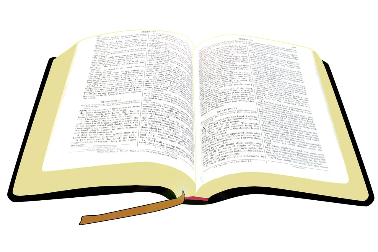 Illustration of an open Bible with visible text on both pages and a brown ribbon bookmark.